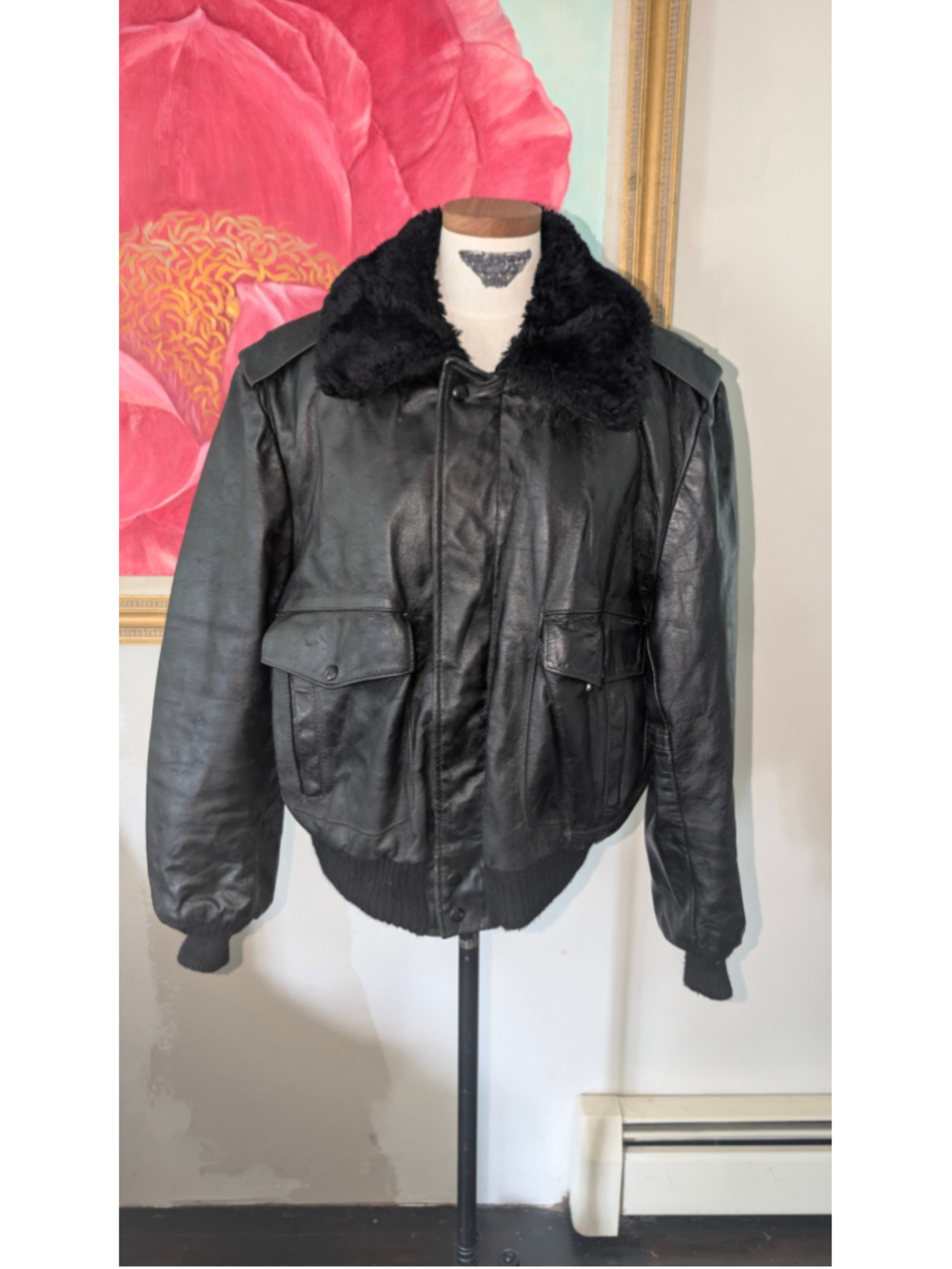 Men's 90s Gino Black Leather Bomber Jacket Size M